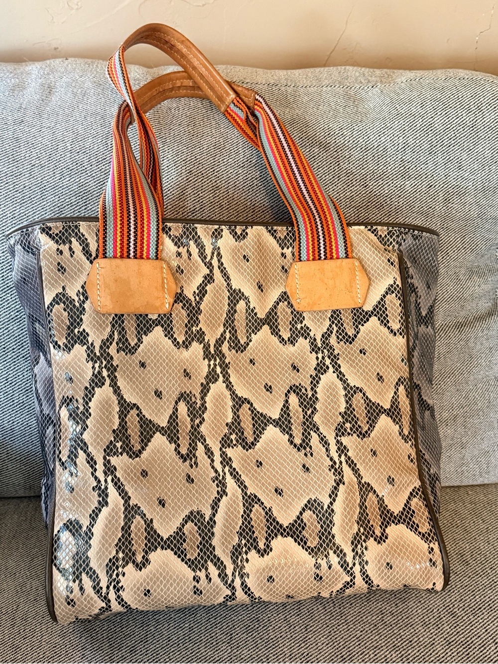 Consuela Snake-Print Tote Bag with Striped Handles.